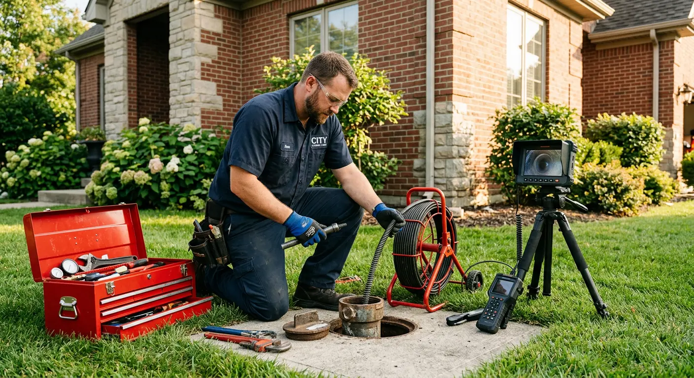 Sewer specialist with camera equipment servicing a cleanout in Dover
